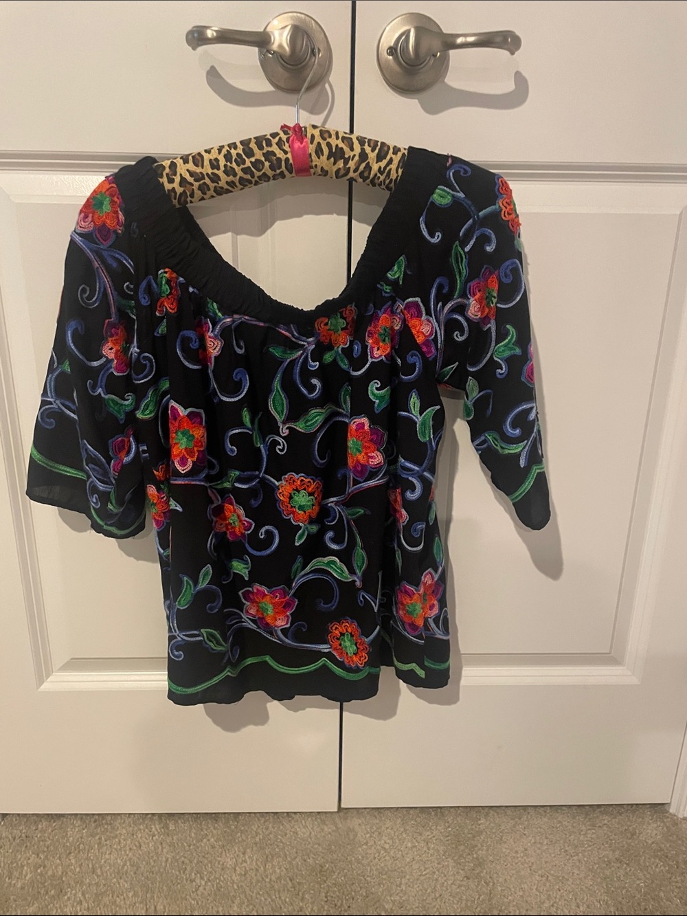 Karen Kane Black Off-Shoulder Top with Multicolor Floral Embroidery